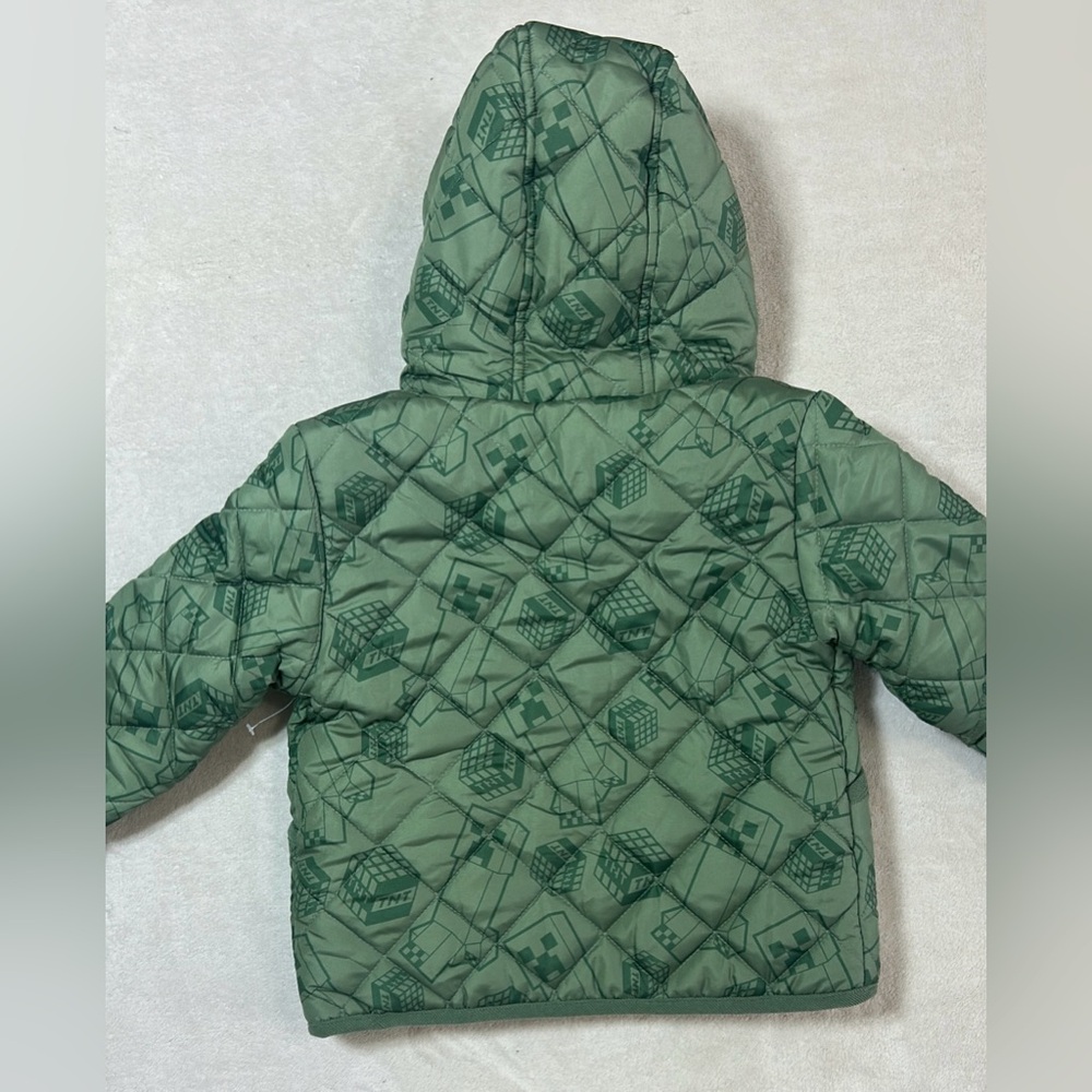 Minecraft Boys 5/5A Quilted Hooded Jacket Green Creeper Sherpa Lined - Picture 2 of 9